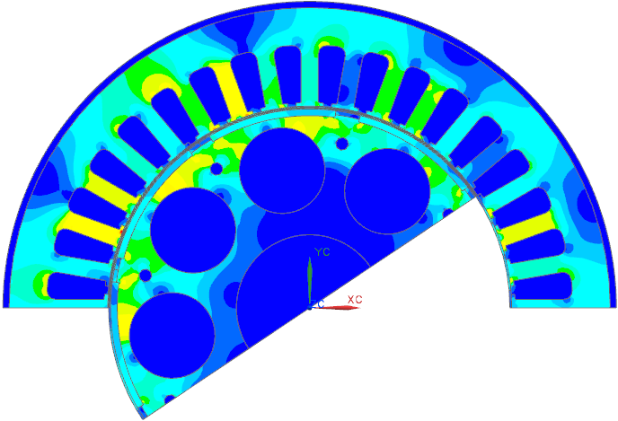 Picture: Complete Simulation Model of 1FT6 Motor. Fluxdensity distribution in 1FT6 Servomotor. Two out of four poles are modeled using periodicity conditions. Click to animate