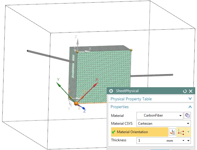 Picture: FEM Model of the Box. Due to thin Geometry we have set up the box with 2D Sheet Elements. Material is orthotropic