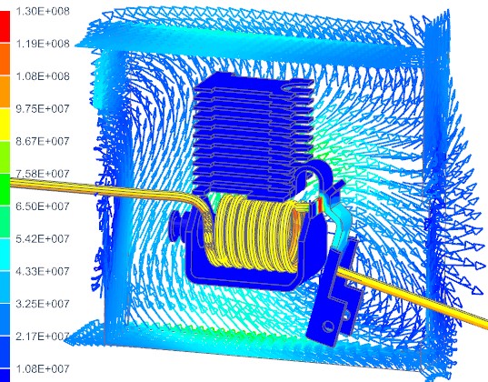 Picture: Eddy Currents on the carbon Shielding Box and the Breaker Geometry