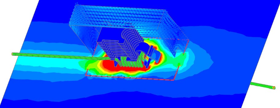 Picture: A section through the Air volume shows the Magnetic Flux Density. The shielding effect of the Carbon Box is visible