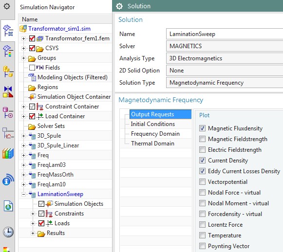 Picture: The NX Magnetics dialog for the solution and the Output Requests