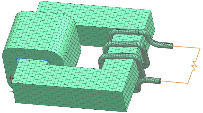 Picture: FEM Model of the Transformer. Most Elements are 3D Hexahedral. The load on the secondary coil is modeled by a 1D Circuit.