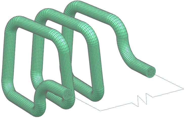 Picture: Detail view on the secondary coil which is modeled as a massive conductor. All Eddy Currents, Skin-Depth and Proximity Effects in the 3D model are captured by this meshing method